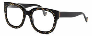 Profile View of Elton John LEGEND Designer Progressive Lens Prescription Rx Eyeglasses in Gloss Black Gold Silver Gemstone Ladies Cat Eye Full Rim Acetate 52 mm